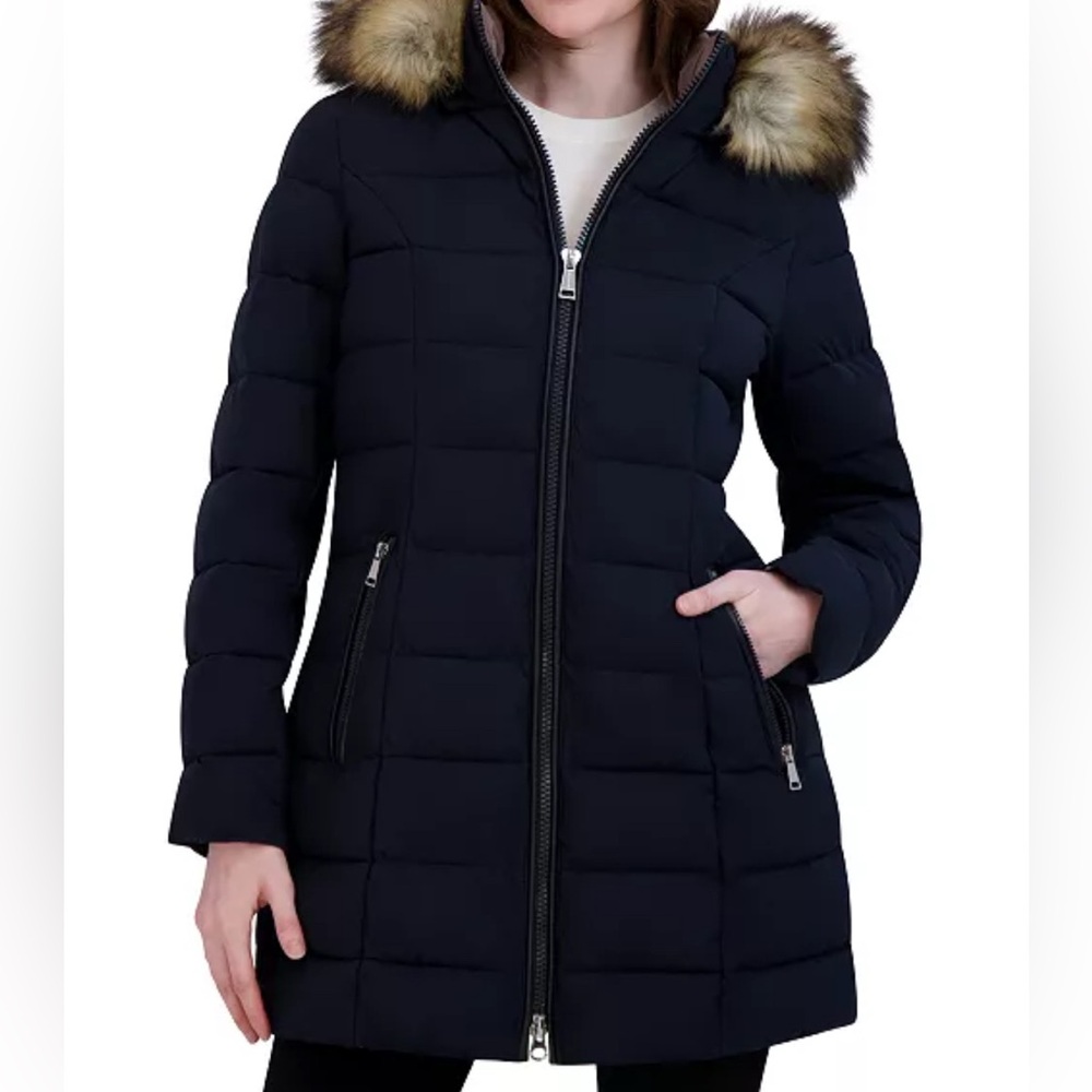 Women's Faux-Fur-Trim Hooded Puffer Coat size L by laundry sheli segal.